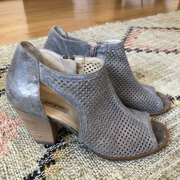 Paul Green Metallic Silver Perforated Open Toe Sandal Heels Size 8 - Picture 1 of 14